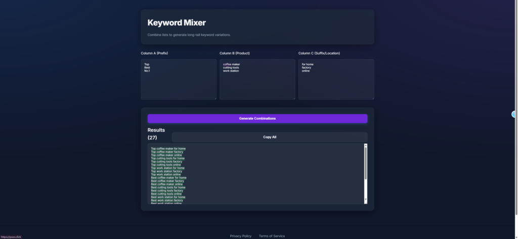 Free Keyword Mixer tool interface showing input fields for prefixes and suffixes to generate bulk long-tail keyword combinations for B2B marketing.