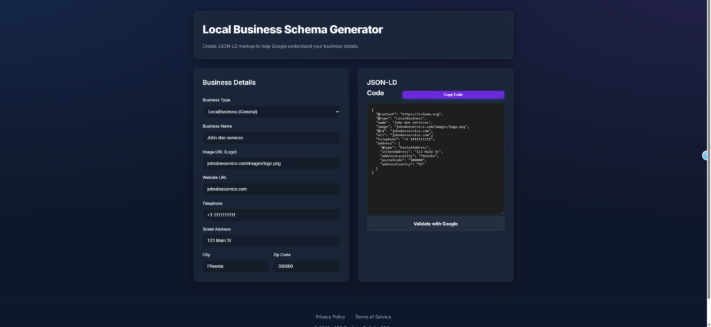 Local Business Schema Generator displaying valid JSON-LD structured data code output for Google Rich Snippets optimization.