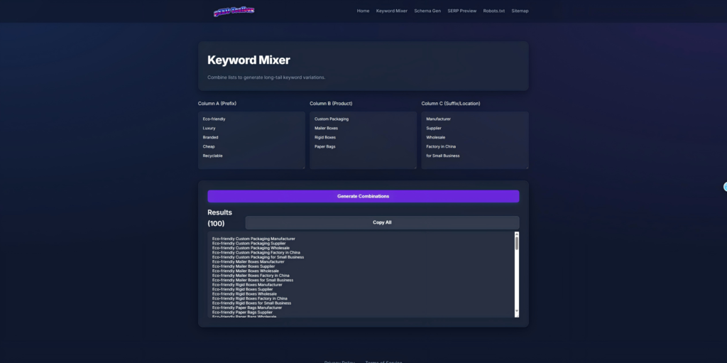 Free Keyword Mixer tool interface showing bulk generation of B2B custom packaging keywords like 'Eco-friendly Mailer Boxes Manufacturer'. Interface to generate B2B keywords for custom packaging.