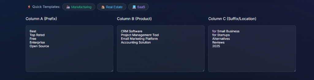 pSEO Keyword Mixer tool interface showing the 'Manufacturing' Quick Template button that automatically generates industrial keywords like 'Precision CNC Machining' and 'OEM'.