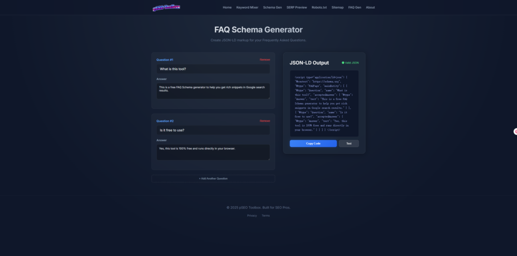 Free FAQ Schema Generator tool interface in dark mode showing real-time JSON-LD code generation.