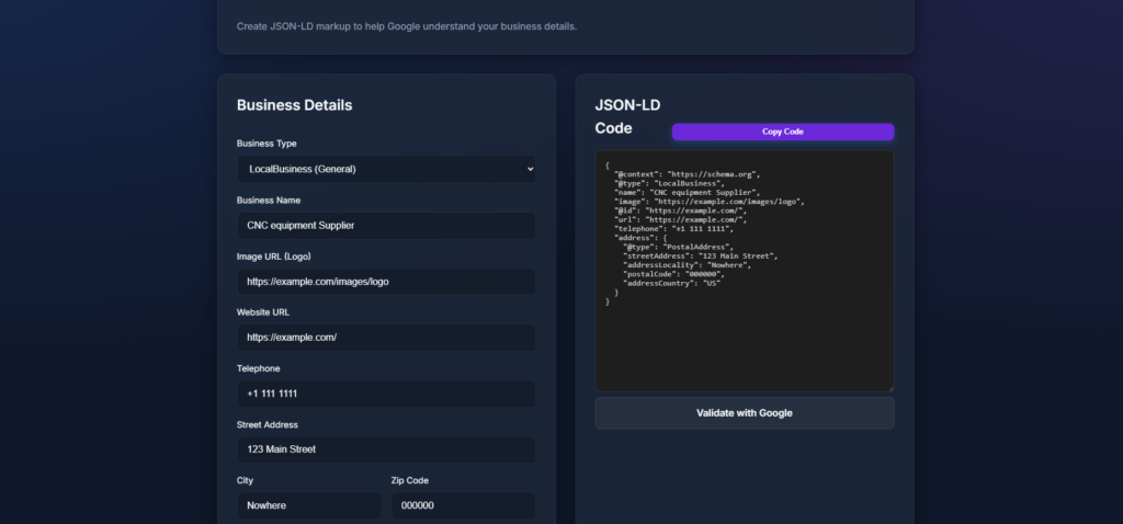 Local Schema Generator creating valid JSON-LD markup for a Manufacturing Business to improve Google Maps rankings.
