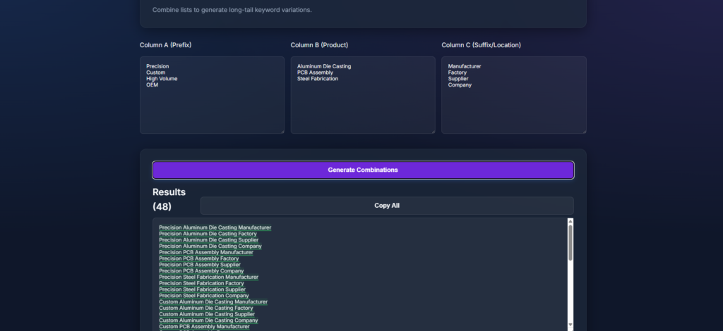 Keyword Mixer tool streamlining B2B SEO for Manufacturers by generating high-intent keywords.
