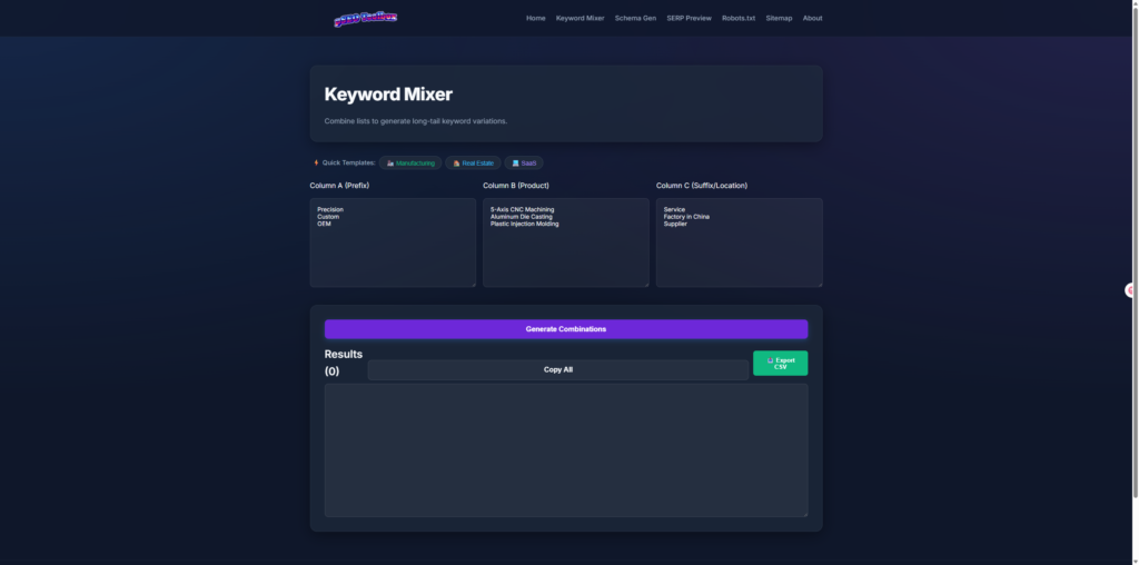 Free pSEO keyword generator tool for Real Estate agents showing the "Real Estate" preset template with keywords like Luxury Condos, Villas, and For Sale.