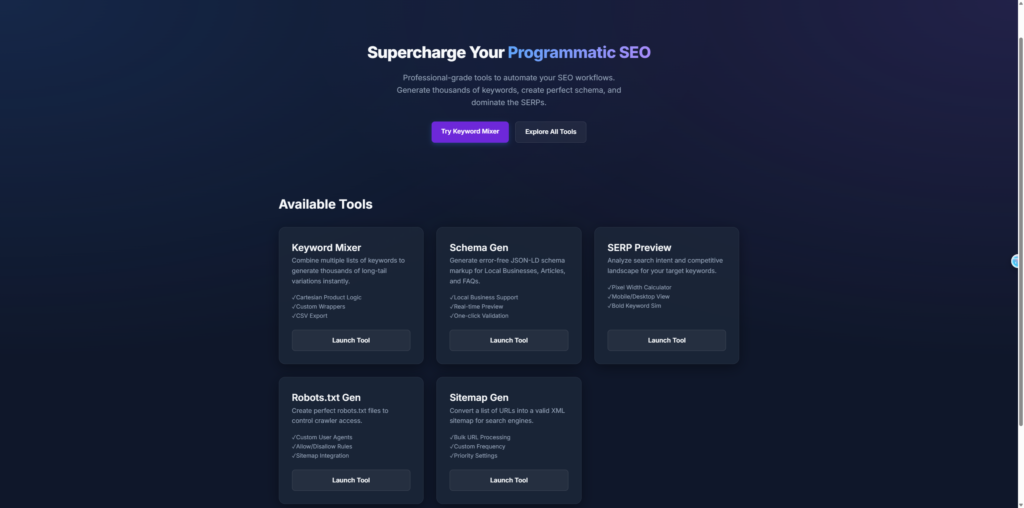 Dashboard of Programmatic SEO Toolbox
