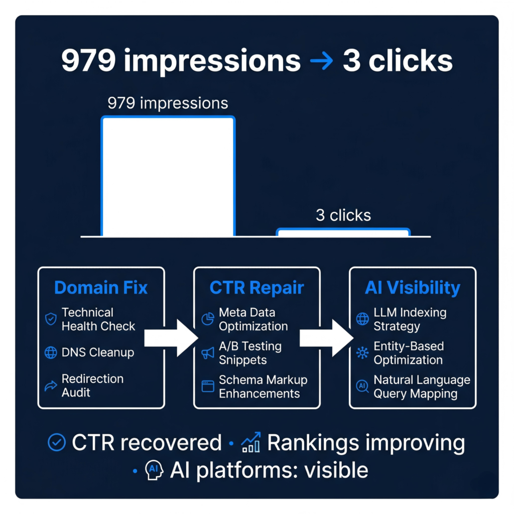 B2B manufacturer international SEO CTR case study - GSC data 979 impressions 3 clicks